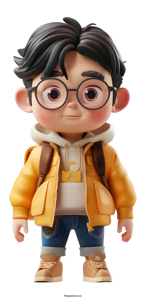 [Transparent Background PNG]Cute Cartoon Boy Character with Glasses Wearing Yellow Jacket