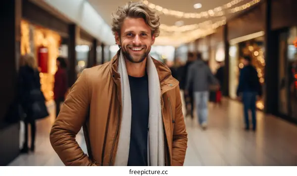 Portrait of a handsome young man with blond hair and blue eyes smiling in a shopping mall