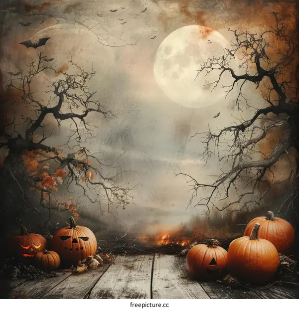 Spooky Halloween night background with pumpkins and a full moon