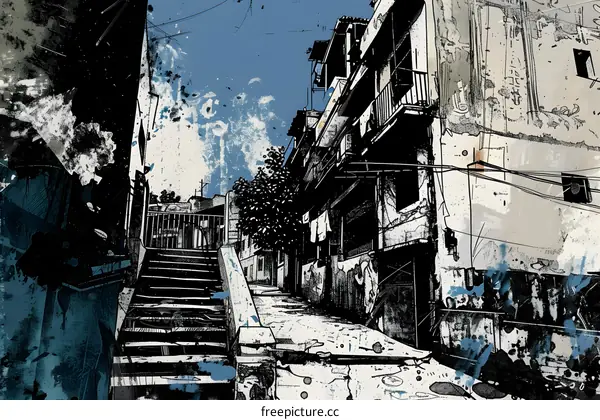 Abstract Painting of Urban Alleyway with Steps and Building