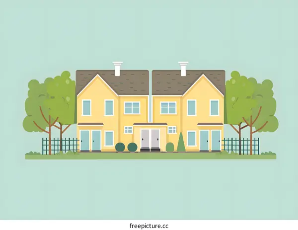 Yellow Two Story House Illustration With Green Trees