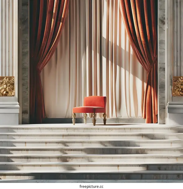 Red Velvet Chair on Marble Steps With Gold Decor and Curtains