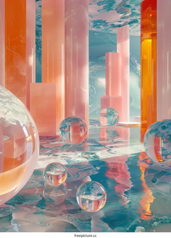 Pink and blue geometric shapes with glass spheres