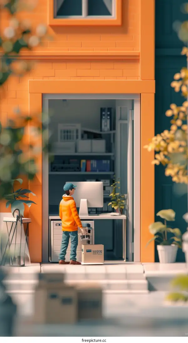 Asian delivery man in front of a house