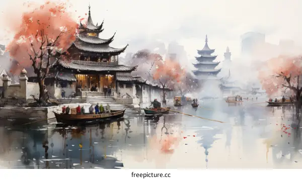 A Chinese painting of a river town with people in boats