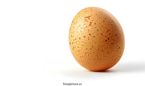 A speckled brown egg sits on a white surface
