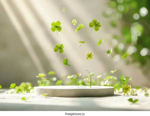 Green clovers floating in the air with a blurred background