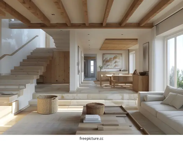 Modern Minimalist Living Room with Wooden Beams and Natural Light