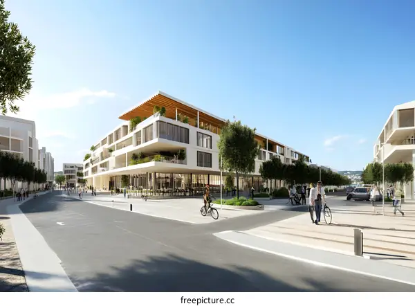 Modern Architecture Building with People Walking and Cycling on Street