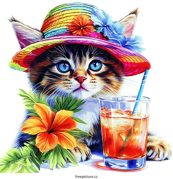 Cute Cat in a Summer Hat with a Drink
