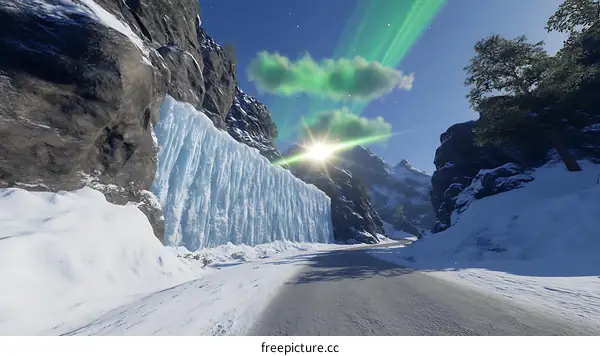 Snowy Mountains and Frozen Waterfall with Aurora Borealis