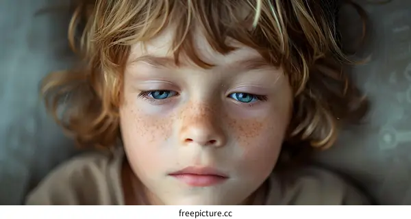 Portrait of a boy with freckles and blue eyes