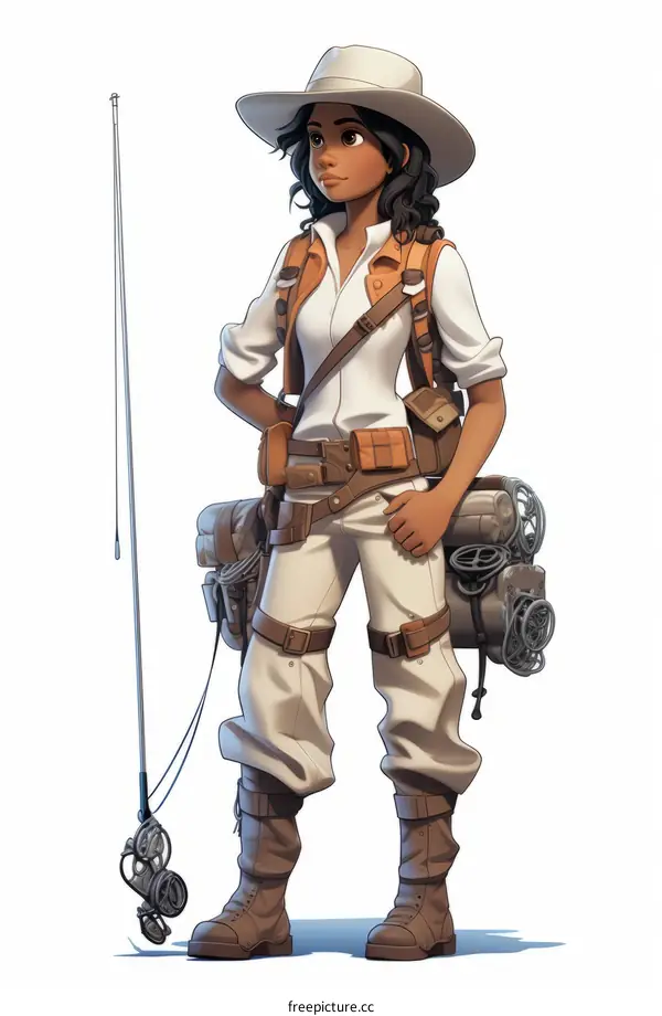 An illustration of a female explorer with a fishing rod and a backpack