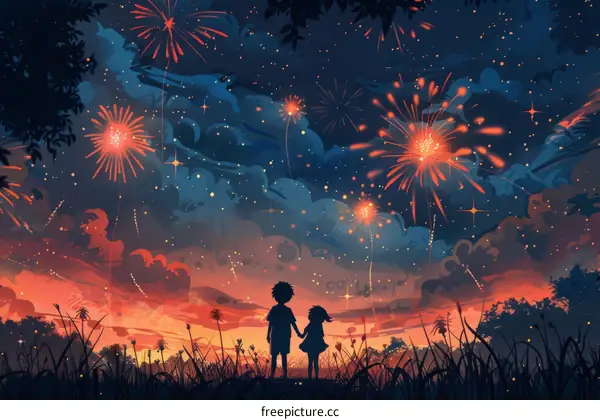 Boy and girl watching fireworks at night