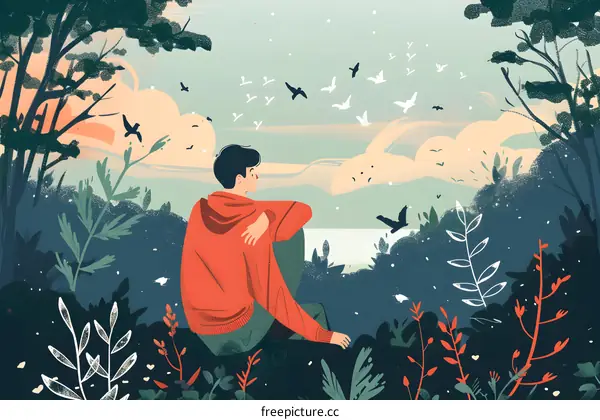 Man Sitting in the Forest Looking at the Birds in the Sky