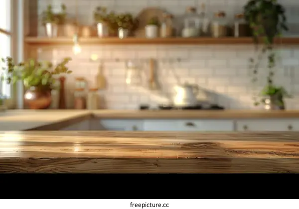 Rustic wooden table in a modern kitchen with blurred background