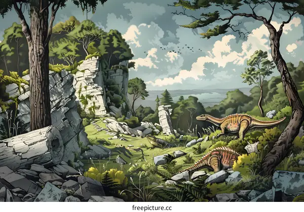 Illustrated Landscape with Dinosaurs and Stone Ruins