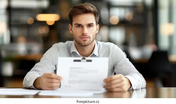 Focused Businessman Reviewing Documents in Cafe