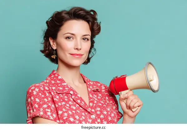 Woman Holding Megaphone on Turquoise Background