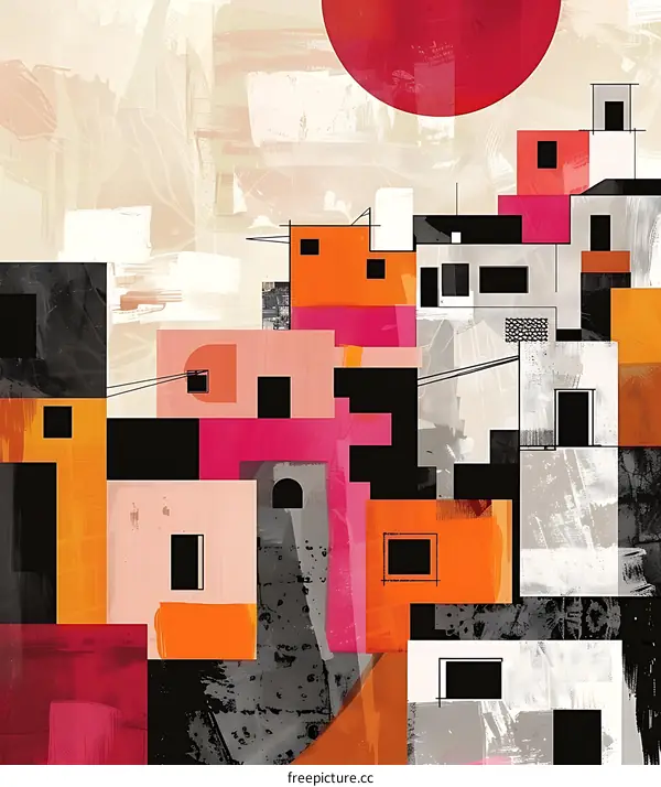 Abstract Cityscape With Red Sun