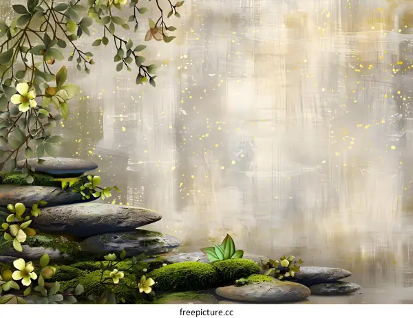 Stones Stacked with Flowers and Green Leaves on Grunge Background