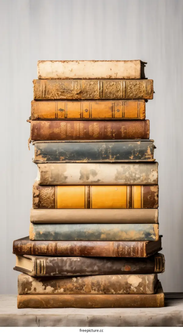 Stack of old antique vintage books isolated on white background