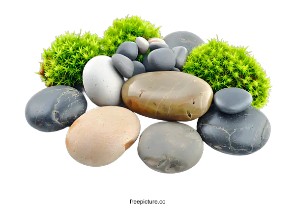 [Transparent Background PNG]Smooth Stones and Green Moss on White Background