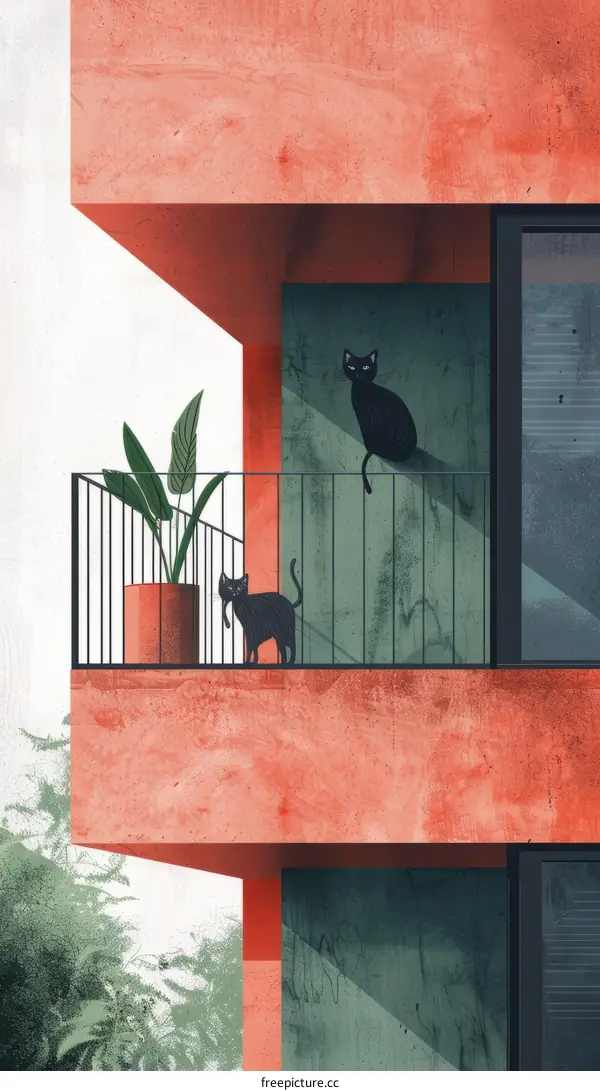 Two black cats on a red concrete balcony with plants