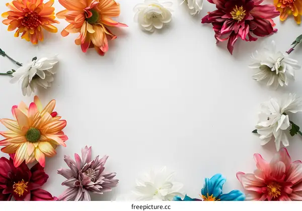 Colorful Flowers Frame on White Background