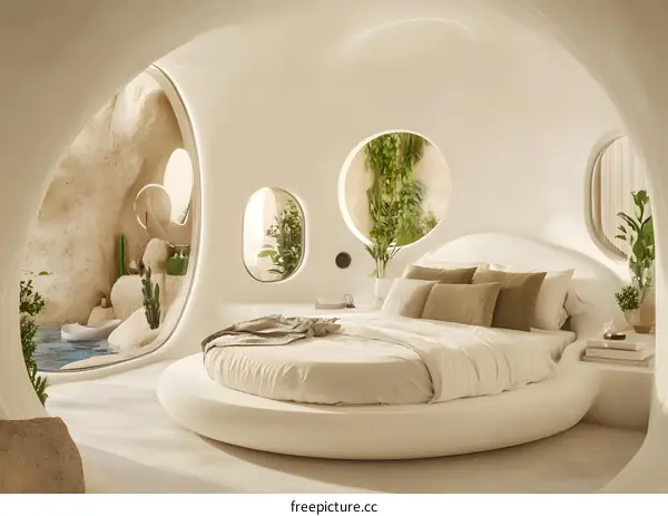Modern Round Bed in Minimalist Bedroom with Oval Windows