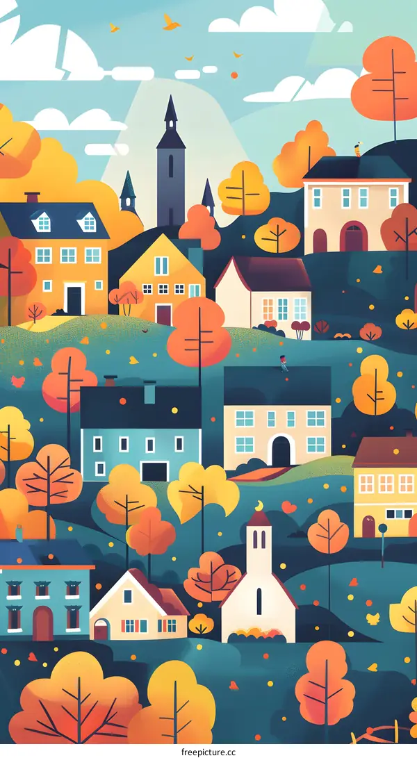 Autumn Village Landscape with Colorful Houses and Trees