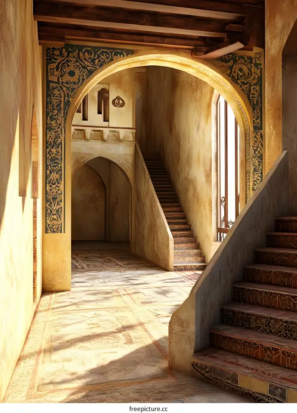 Ancient Stone Interior with Arches and Staircase