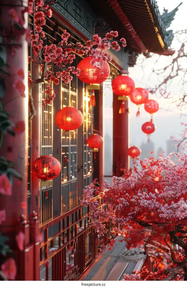 Chinese Pavilion, Red Lanterns and Cherry Blossoms