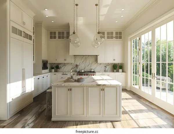 An illustration of a kitchen with a large island and a marble backsplash
