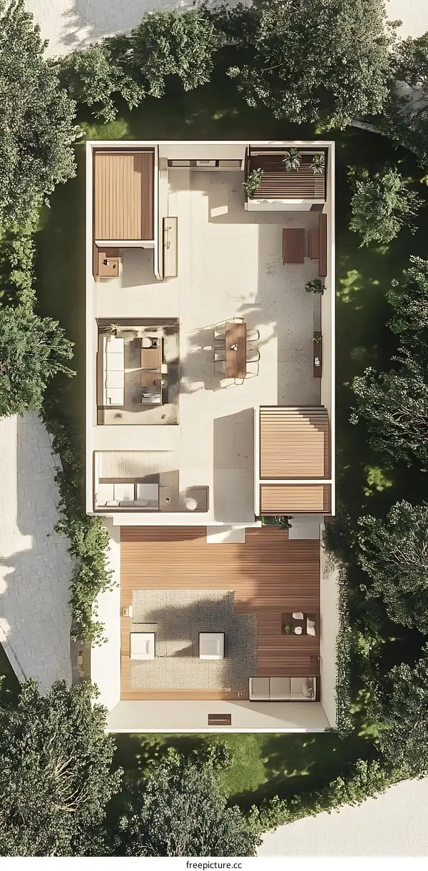 Modern Home Architectural Plan Top View with Green Trees