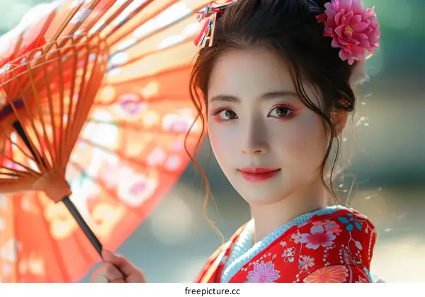 Portrait of a beautiful Japanese woman in traditional kimono holding a red umbrella