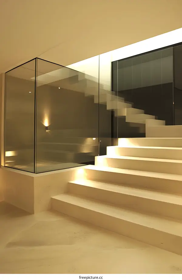 Modern Interior Design with Glass Railing and Concrete Stairs