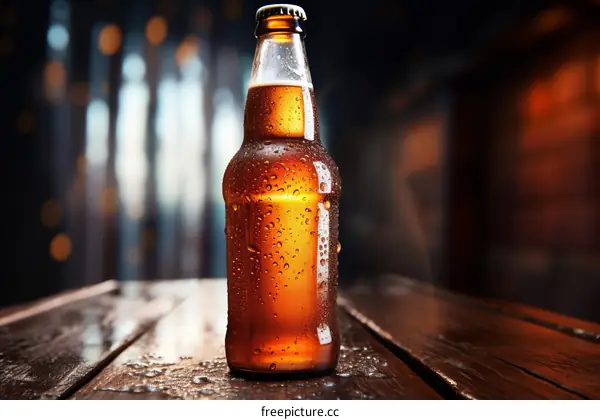 Close-up of a Single Brewed Bottle of Brown Beer Sitting on a Rustic Wooden Table with a Blurred Background