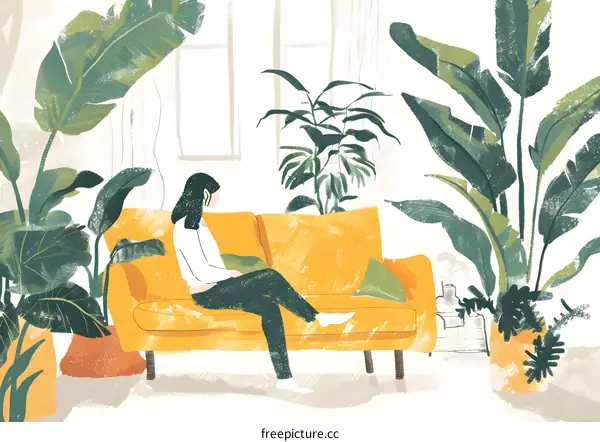 Woman Relaxing On Yellow Sofa Surrounded By Plants
