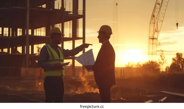 Two construction workers discussing building plans at a construction site