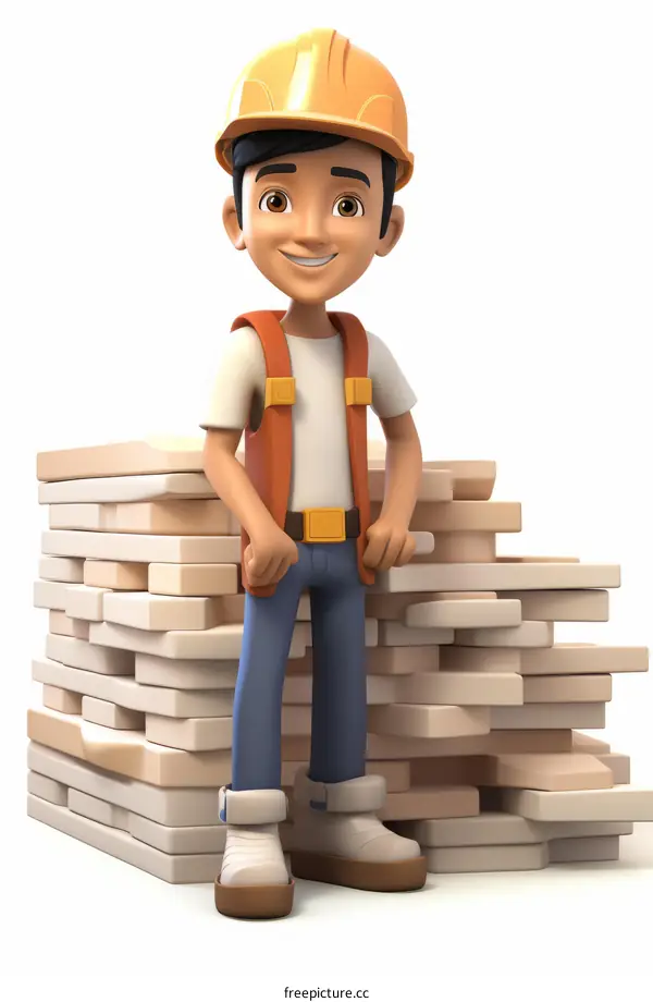 builder wearing hardhat standing next to stack of bricks