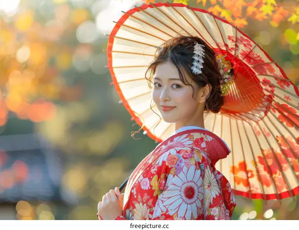 A beautiful Japanese woman wearing a kimono and holding a red umbrella.