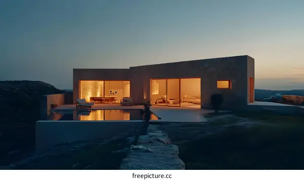 Modern Minimalist House with Infinity Pool at Sunset