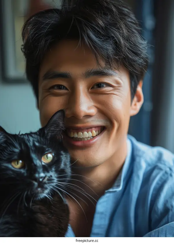 Asian man smiling with a black cat