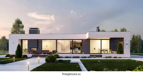 Modern House Exterior with Large Windows and Lawn