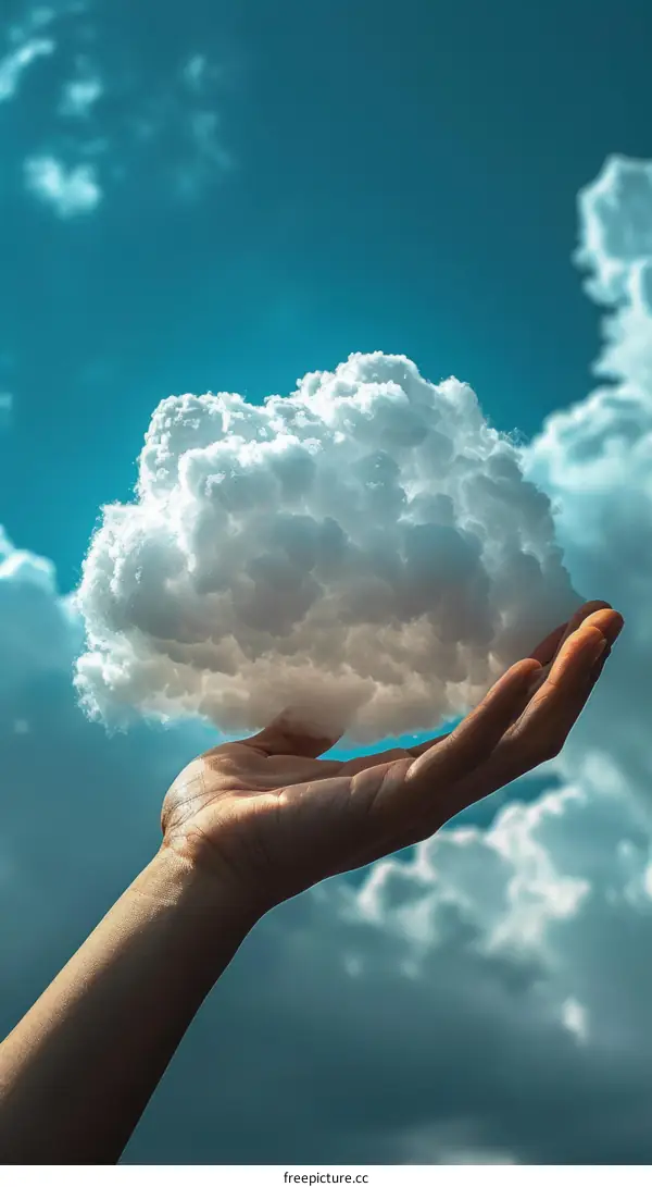 Hand Holding a Fluffy Cloud Against Blue Sky