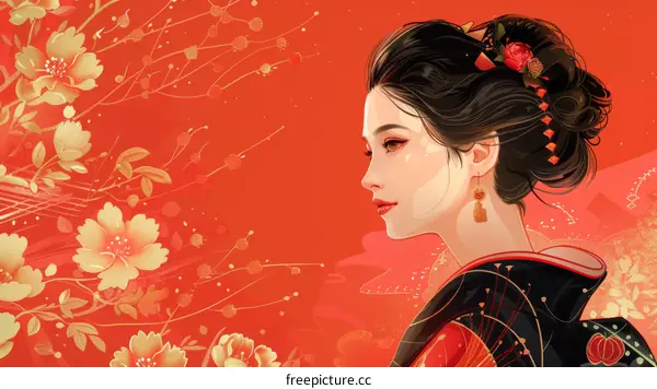 Portrait of a Japanese woman in traditional kimono with red background