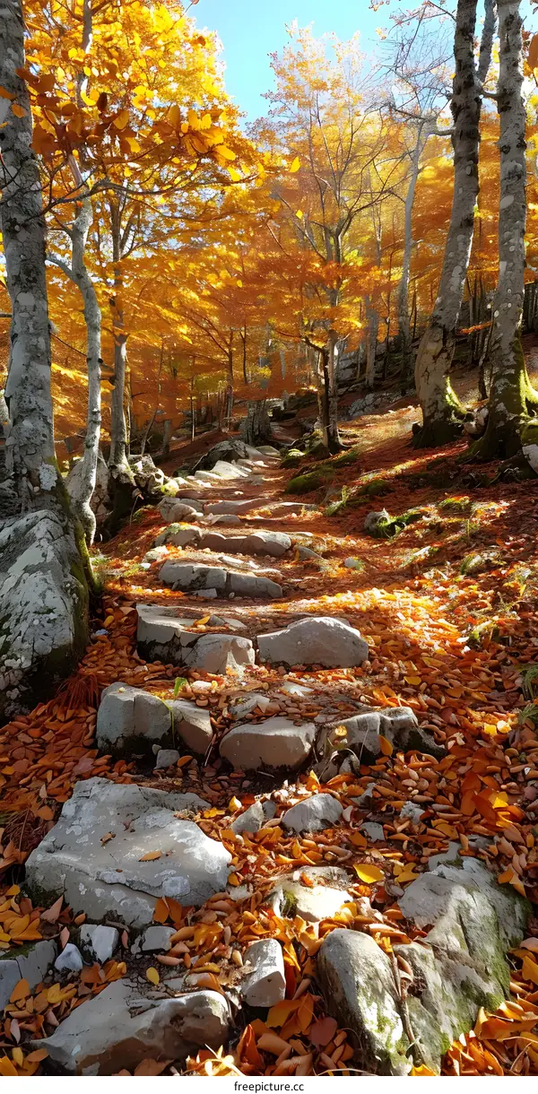 Rocky path through a colorful autumn forest