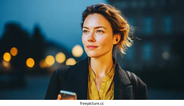 Woman Outdoors at Night Listening to Music
