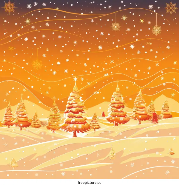 Winter Snow Landscape With Golden Trees And Snowflakes